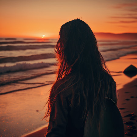 Beautiful girl sitting on the beach and looking at the sunset.の素材