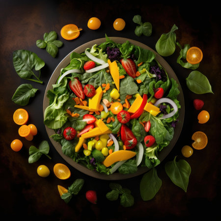 Healthy salad with fruits and vegetables on dark background. top viewの素材