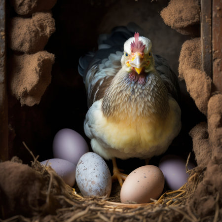 Chickens in the nest with eggs. Easter holiday concept.の素材