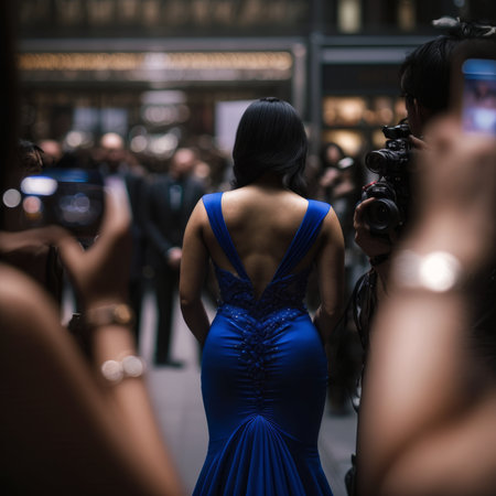 Beautiful young woman in a blue evening dress on the street.の素材