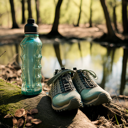 Sport shoes and bottle of water in the forest. Fitness and healthy lifestyle concept.の素材