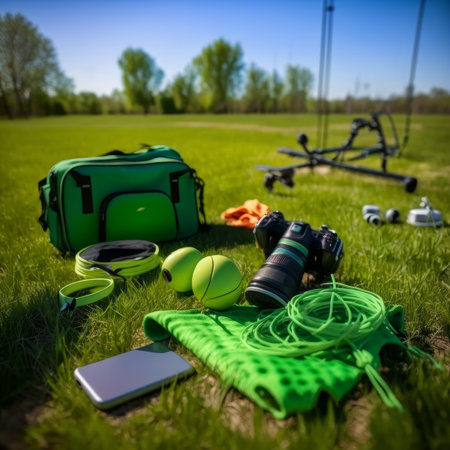 Sports equipment and gadgets on the green grass. Photo for your designの素材