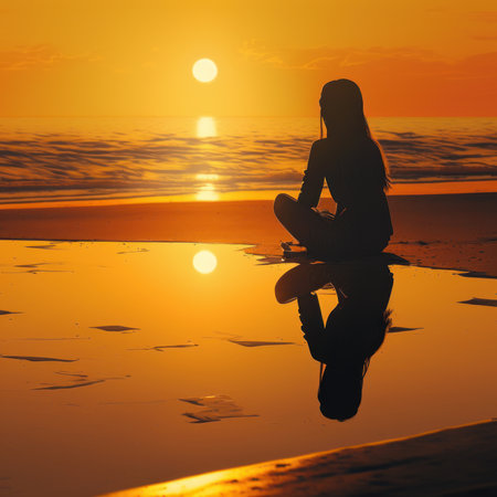 Silhouette of a woman sitting on the beach at sunset.の素材