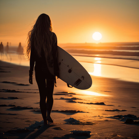 Beautiful surfer girl with surfboard on the beach at sunsetの素材