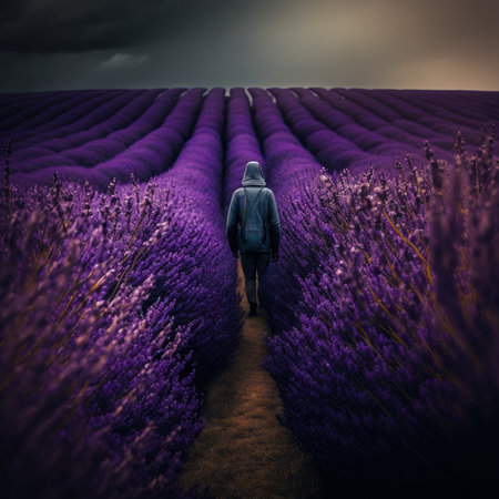 Man walking on lavender field in the evening. 3d renderingの素材