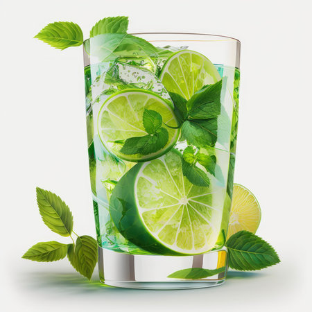 Glass of mojito cocktail with lime, mint and ice isolated on white backgroundの素材