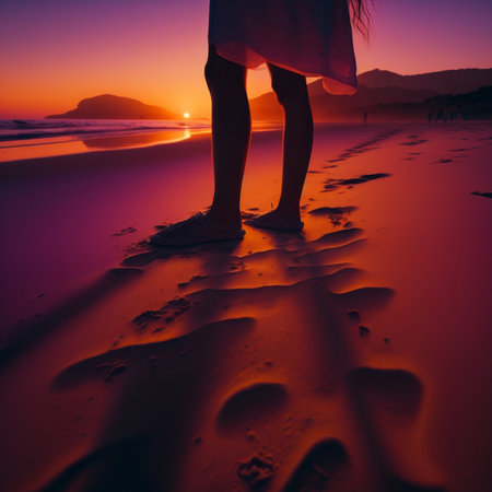 Silhouette of a woman walking on the beach at sunset.の素材