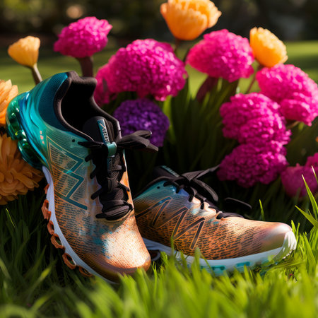 A pair of running shoes in the grass with flowers in the backgroundの素材