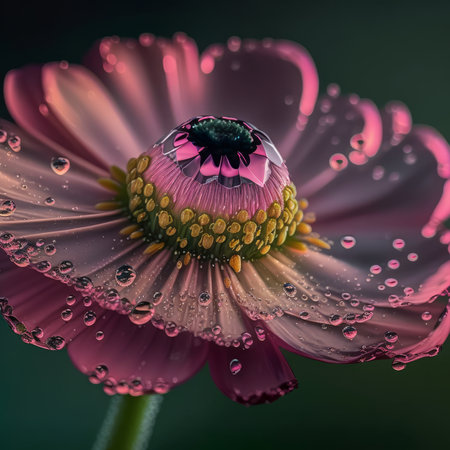 Beautiful daisy flower with dew drops on black background.の素材