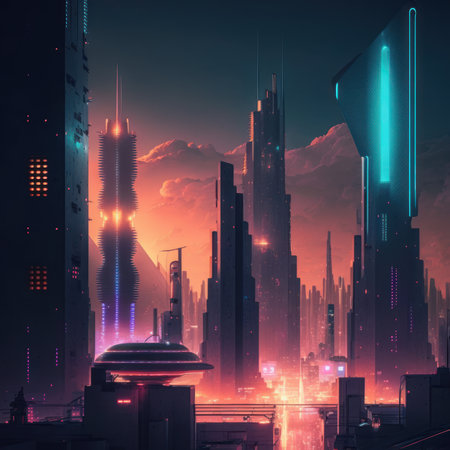 futuristic city in neon light, 3d rendering toned imageの素材