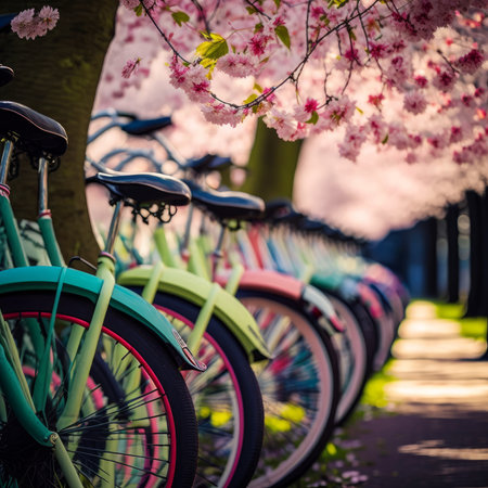 Bicycles parked in a row in the park under the cherry blossomsの素材