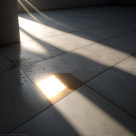 Light and shadow on the tile floor with sunlight in the room.の素材