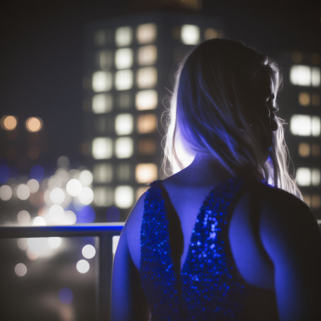 Portrait of a beautiful young woman in a night club on a city backgroundの素材