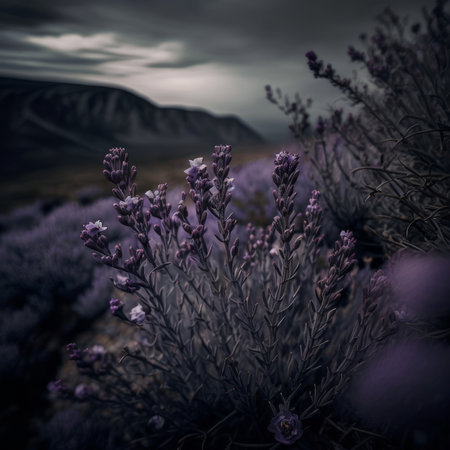 Beautiful lavender flowers in the mountains at sunset. Toned.の素材