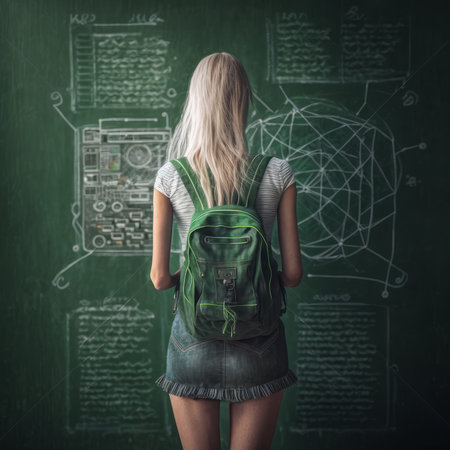 Back view of a blonde schoolgirl looking at chalkboard with formulas on itの素材