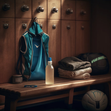 A set of sports equipment on a bench in a locker room.の素材