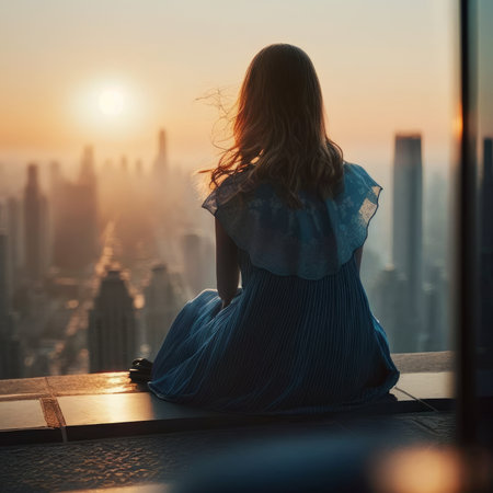 A girl in a blue dress sits on the balcony and looks at the city.の素材