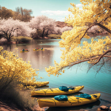 Kayaks on the river with beautiful yellow flowers in the background.の素材
