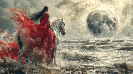 Ethereal scene of a woman in a flowing red dress riding a white horse by the sea under a dramatic moonの素材