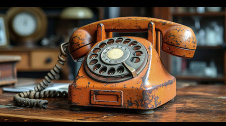 classic orange rotary phone, showing signs of age, remains on a polished vintage wooden deskの素材