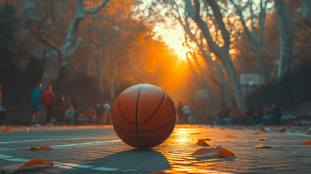 Close-up of a basketball on the court with players and sunset through trees in the backgroundの素材