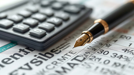 close-up image of a sophisticated gold-nib pen resting on a detailed financial report with a calculator nearbyの素材