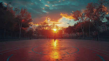 Setting sun casts a warm glow over an outdoor basketball court, lined with colorful autumn treesの素材