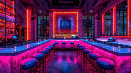 contemporary bar interior bathed in neon lights, featuring a sleek counter and stylish bar stools,...