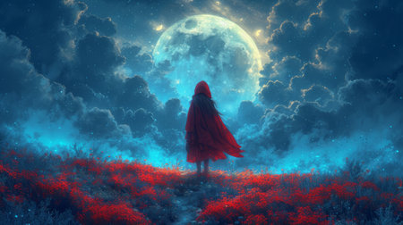 solitary figure in a red cloak looks upon a bright full moon in a mystical, starry night settingの写真素材
