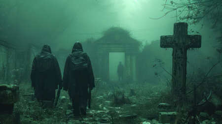 Two shrouded figures walk towards an eerie light in a fog-drenched cemetery, creating a mysterious and haunting atmosphereの写真素材