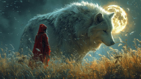 captivating scene with a person in a red cloak facing a giant wolf in a moonlit field