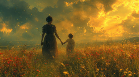 dramatic scene where a mother and child walk through a field with wildflowers under a captivating, fiery sunset skyの写真素材