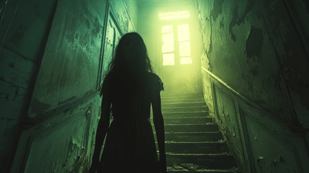 ghostly figure stands at the top of a staircase in a decrepit building, with a foreboding light...