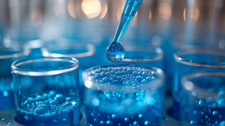 laboratory pipette dispensing a vibrant blue reagent into a petri dish, showing bubbles forming on...