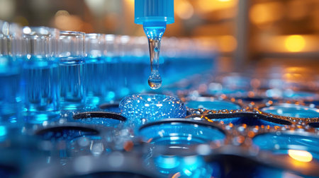 laboratory pipette tip with a droplet of blue reagent above a well plate, highlighted by warm ambient lightingの写真素材