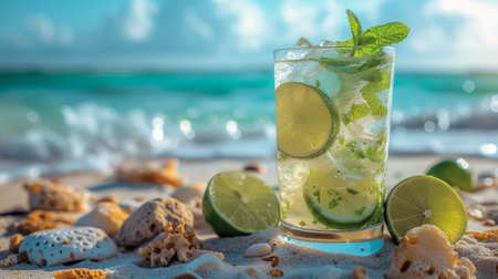 refreshing mojito cocktail with slices of lime, set amidst seashells on a pristine beach, with the ocean's waves in the backgroundの写真素材