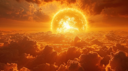 An awe-inspiring view of the sun setting amidst a dramatic sea of clouds, creating a spectacular...