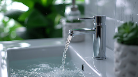 The photo captures a cool stream of water from a silver faucet filling a square basin, set in a bright, airy roomの写真素材