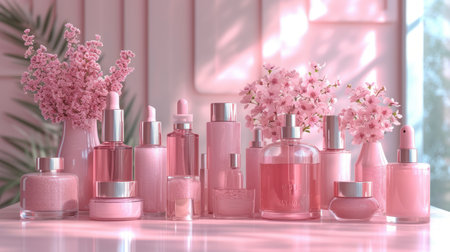 array of pink-toned skincare bottles and jars elegantly displayed with delicate floral arrangements in soft lightの写真素材