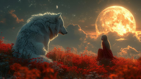 woman in a red robe and a white wolf gaze at each other under a radiant giant moon in a field of red flowersの写真素材