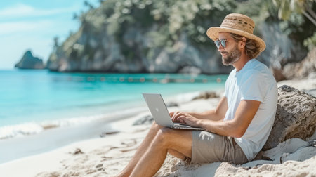 man in casual summer attire and a straw hat working on his laptop, seated on a sandy beach with a clear turquoise ocean in the backgroundの写真素材