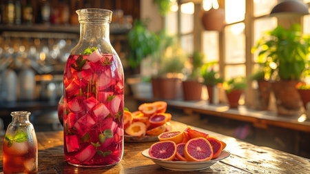 vibrant pitcher of infused water with fresh fruits and herbs, basking in the warm, natural light of a cozy kitchenの写真素材