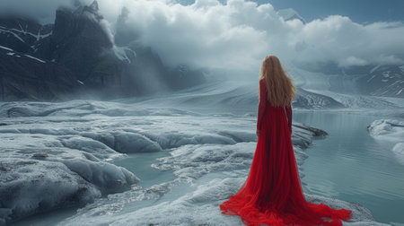 woman in a striking red gown stands contemplatively at the edge of a glacial fjord, enveloped by the dramatic mountain scenery and overcast skiesの写真素材