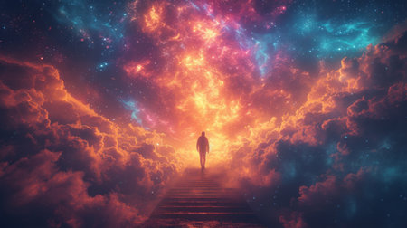 lone figure stands on a pathway leading towards a breathtaking cosmic sky filled with stars and...