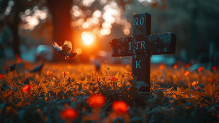 weathered cross stands among vibrant flowers at sunset with a bird taking flight in the background