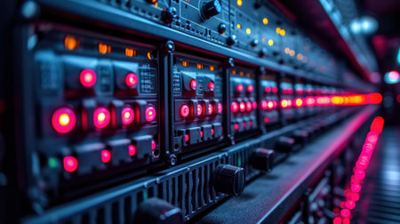 dynamic close-up of a server room with rows of data center racks illuminated by red LED lights