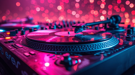 DJ's turntable setup captured with dynamic stage lighting casting colorful reflections on the vinyl...