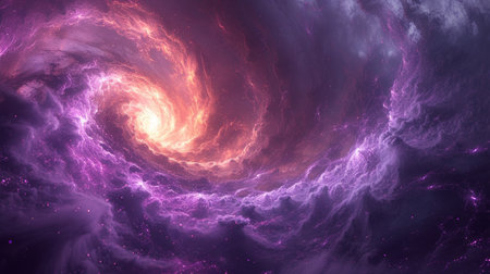 Breathtaking cosmic scene of a swirling nebula with hues of purple and pink set against the vastness...