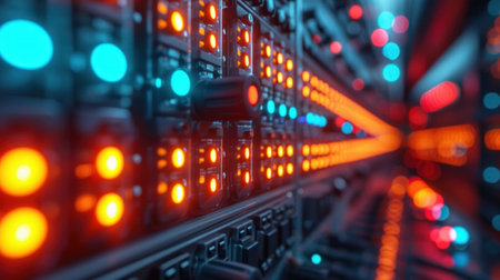 dynamic close-up of a server room with rows of data center racks illuminated by red and blue LED...