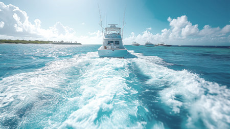 sportfishing boat cuts through the turquoise Caribbean Sea, leaving a trail of white foam, under a...